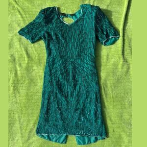 1980s Teal Silk Beaded Sequin Mini Dress